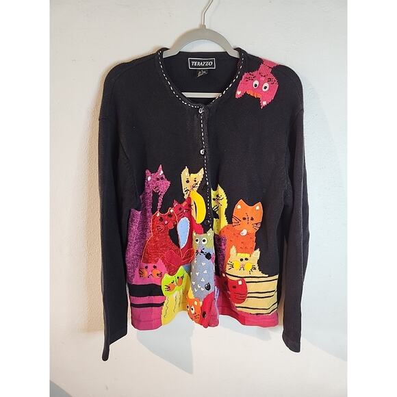 Vintage 1990s Terazzo Pink Cat Cardigan Sweater Art Deco Cars Modern Large - Picture 1 of 7